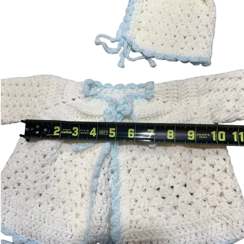 Vintage Unbranded Crochet Cardigan Bonnet Booties Set Kids 0 3M Soft Coquette